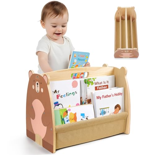MHJY Children's Wooden Bookcase – Montessori Double-Sided Bookcase with Fabric Pockets, Portable Toy Organizer with Handle, Furniture Storage for Children's Room and Nursery