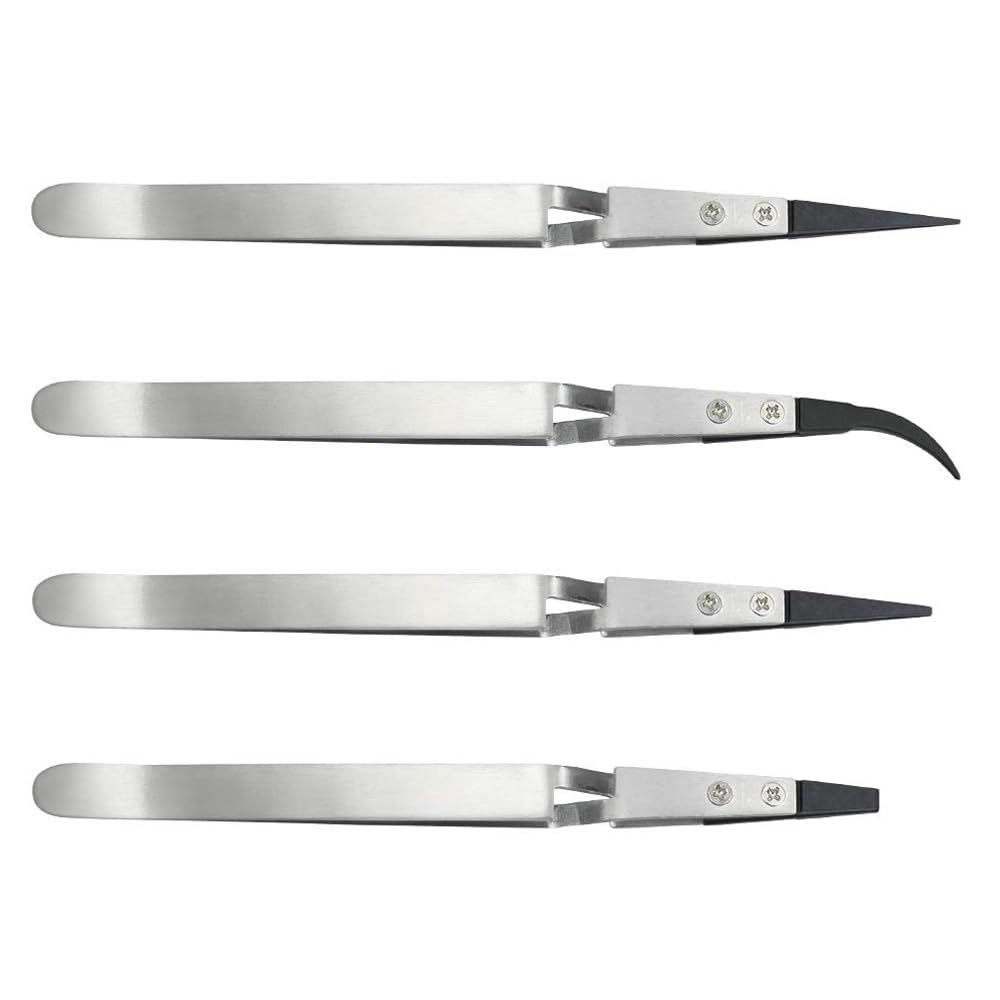 Generic 4 Pcs Anti-Static Tweezers Set - Stainless Steel & Plastic, Modern Style, Silver