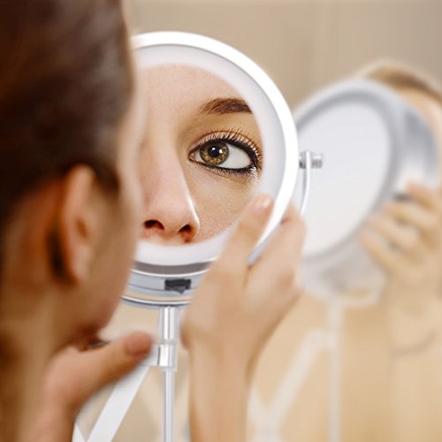 16" Length Arm Led Cosmetic Mirror Wall Mounted, Double Side, 1X/3X Magnification, Lighting, Adjustable, Rotating Function, Stainless Steel, Powered by 4 x AAA batteries (not included) - Thumbnail 6