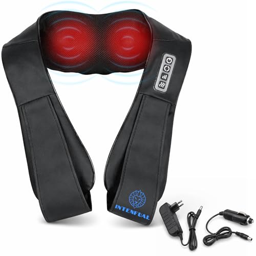 Shiatsu Neck and Back Massager with Heat, Neck, Shoulder, Lumbar Massager with 2 Rotary Nodes and 4 Heads, 3 Intensity, 3D Deep Massage, Home and Car Use (Non-Wireless)