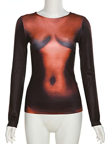 Y2K AESTHETIC BODY PRINT T-SHIRT WOMEN HIPSTER STREET ROUND NECK LONG SLEEVE 3D SLIM TOPS ATTIREWEAR CLOTHING (ORIGINAL TEES,L,LARGE)
