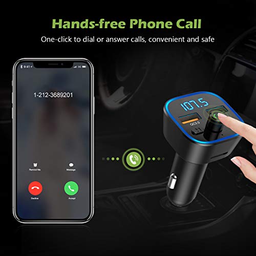 [2019 New] Bluetooth V5.0 FM Transmitter for Car, KeeKit Wireless Car Radio Adapter with Quick Charge 3.0, 7 Color RGB LED Backlit, Music Player Supports TF Card, USB Disk, Hands Free Car Kit - Black - Thumbnail 4