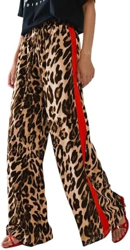 LIWEIKE Women's Leopard Print Pants Drawstring Color Block Side