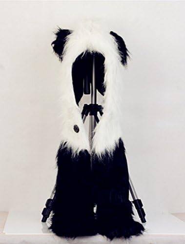 Panda Animal Hood Faux Fur Hat with Warm Scarf Mittens Ears and Paws Spirit 3 in 1 Function Long Flap