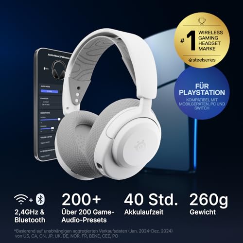 Arctis Nova 3P Wireless - PS5 Headset & PC Gaming Headset – App-Steuerung – 40 Std. Akku – Neodym-Magnet-Treiber – 2,4 GHz/Bluetooth – Abnehmbares Mikrofon – Für PS5, PC, Switch - Weiß