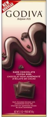 Godiva Dark Chocolate Cocoa Nibs Bar, 90 gram - 20 per case.