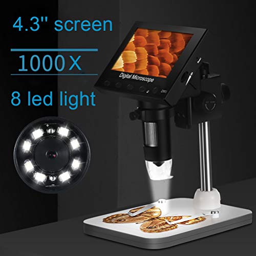 LCD Digital Microscope 4.3 inch 1000X Magnification Digital Microscope,8 LED Adjustable Light,Rechargeable Lithium Battery,Handheld USB Microscope Camera for Phone Repair Soldering Jewelry Biologic
