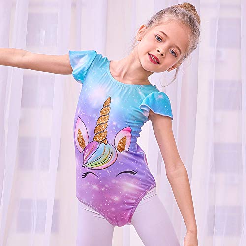 MHJY Girls Leotard for Gymnastics Unicorn Ballet Dance Leotard Flutter Sleeve One-Piece Athletic Activewear Dancewear - Thumbnail 2