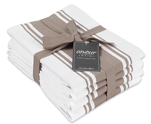 Amour Infini Classic Stripe Kitchen Dish Towels | 4 Pack | 50 x 70 cm | Multi-use Kitchen Towels With Hanging Loop |100% Ring Spun Premium Cotton | Highly Absorbent Tea Towels | Beige