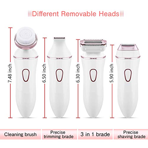 KUYANG 4 IN 1 Lady Electric Shaver Set, USB Rechargeable Epilator for Women with 3 Different Razor Head, 1 Facial Cleaning Brush, Waterproof Hair Removal for Women, Body, Leg, Bikini