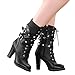 Mostrin Women Motorcycle High Heels Punk Buckle Rivet Strap Combat Military Mid Calf Boots Black