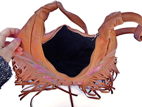 Large Hand Painted Sunflower Tan Leather Boho Fringe Hobo Shoulder Bag Bohemian Handbag for Women