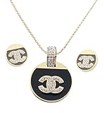 Think Positive Women's Stainless Steel Fashion Jewelry Sets Chain Necklace Pendant Earrings Stud Black Enameled with Rhinestone Gold Plating