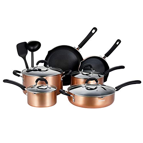 EPPMO Nonstick 12 Pieces Cookware Set, Copper Pots and Pans with Stay
