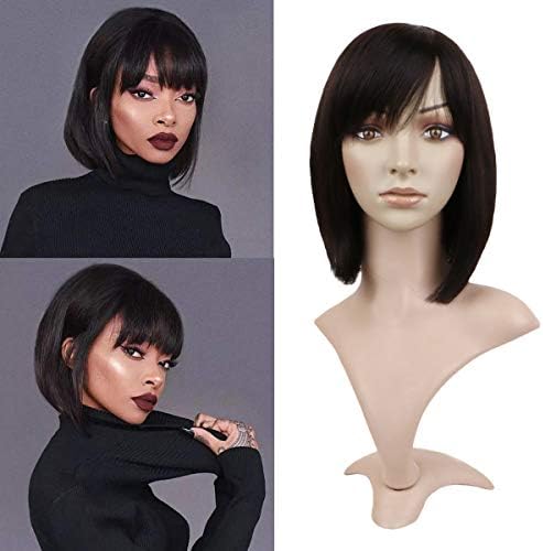Creamily Human Hair Wigs Straight Short Bob Wigs with Bangs Brazilian Virgin Hair Shoulder Length Natural Black Wig for Black and White Women(10")