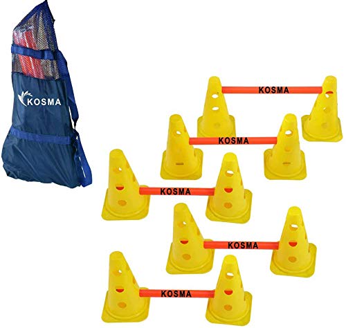 Kosma Pack of 15Pc Multi-functional and Adjustable Agility Hurdle set - 10Pc Traffic Cones 9" with 12 holes Yellow color, 5Pc Orange Hurdle Poles 40cm length- in carry bag
