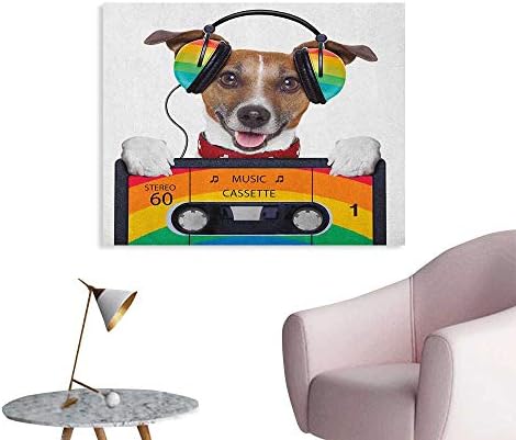 Anzhutwelve Popstar Party Photographic Wallpaper Dog Listening to Music from an Old Cassette of The 80s Colorful Headphones Poster Print Multicolor W48 xL32