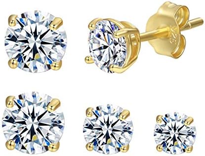 Cubic Zirconia Stud Earrings 14K White Gold Plated S925 Sterling Silver Stud Earrings Set for Women Girl（3mm/4mm/5mm） (Silver) MM