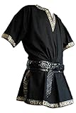 Men's Vintage Medieval V-Neck Shirt Pirate Warriors Costume Gothic Short Sleeves Viking Clothing (L, Black)