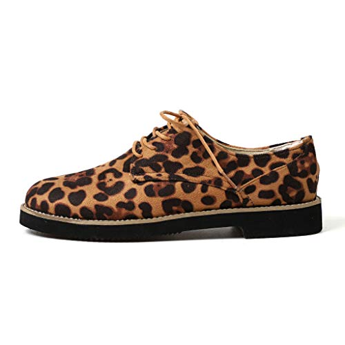 Hunzed Women【Suede Leopard Lace-Up Shoes】Women Oxford Flats Closed Round Toe Slip On Low Heel Platform (6 M US, Brown) - Thumbnail 2