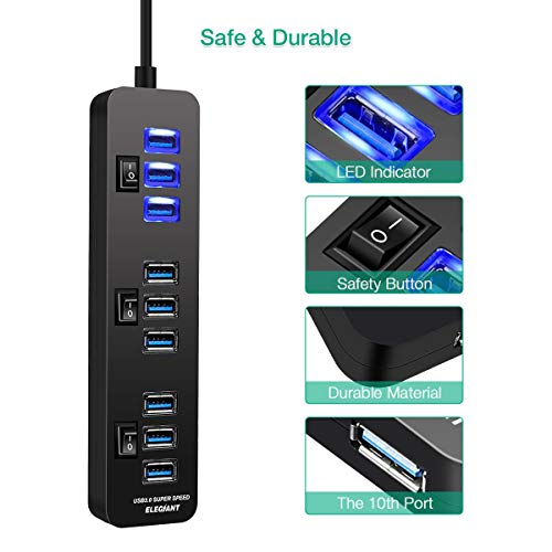 USB Hub 3.0, ELEGIANT High Speed 10-Port USB Data Hub Splitter with AC Power Adapter and Charging Ports for Computer MacBook Mac Pro/Mini Surface Pro 4 Laptop Notebook PC Mobile HDD - Thumbnail 4