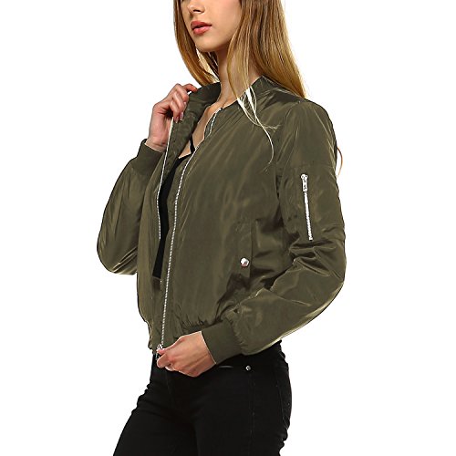 Fashionazzle Women's Solid Classic Zip Up Quilted Short Bomber Jacket Padded Coat (2X, BMJ01-Olive)