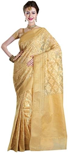 Odhni Women's Indian Bollywood Embroidered Beige Kora Silk Saree