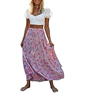 MEROKEETY Women's Boho Floral Print Elastic High Waist Pleated A Line Midi Skirt