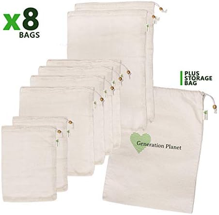 Generation Planet Reusable Produce Bags for Grocery Fruits and Vegetables 9pcs โ Natural Organic Cotton Mesh Storage Bags, Washable Eco Friendly Zero Waste Net Shopping bags