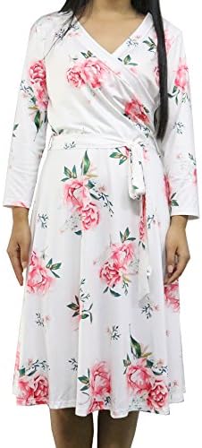 Vemper Womens V Neck Wrap Floral Print Knee Length Midi Dress With Belt, White, Small