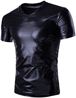 SILKQA Men's Sports Elastic Paint Faux Leather Sexy Tight T-shirts (M, Black)