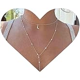 Allereyae Vintage Layered Y Drop Necklace Tiny Crescent Moon Choker Necklace Long Chain Y Lariat Necklace Silver Satellite Chain Long Necklace Jewelry for Women