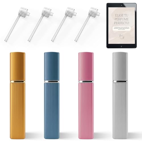 MOLIMILL®️ Atomizador Perfume Recargable 4PCS (10ml) + Ebook Guía de Fragancias | Bote Colonia Recargable, Diseño Elegante en Aluminio y Frasco Pulverizador Portátil para Bolso y Viajes