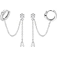 SLUYNZ 925 Sterling Silver Double Piercing Earrings Huggie Cuff Droplet Chain for Women Hoop Earrings Double Holes Dangle Earrings Cartilage Helix Piercing Earrings Chain