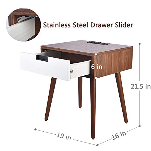 Nightstand End Table with Drawers Storage, Frylr Bedside Table Latest with 2 Power Sockets and 2.1A USB Charging Ports Design for Living Room Sofa, Light Walnut and White - Thumbnail 5