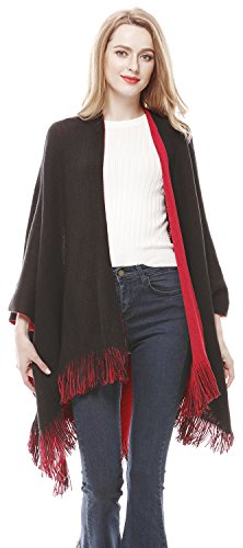 Lovful Women Winter Warm Faux Cashmere Poncho Capes Scarf Shawl Cardigans Sweater Coat,BlackRed - Thumbnail 6