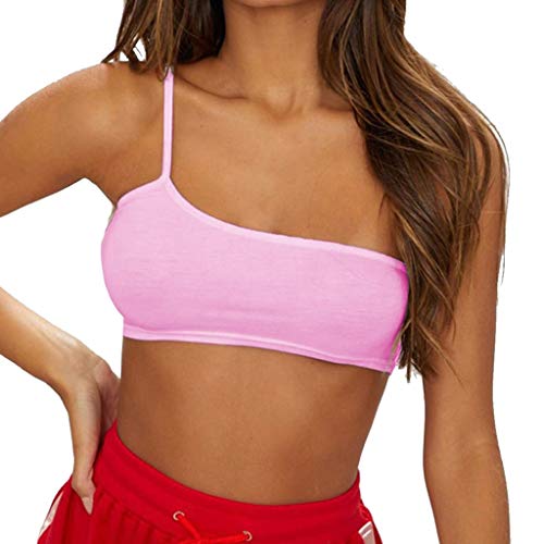 Yxiudeyyr Sexy Womens One Shoulder Strappy Camisole Stretchy Bralet Plain Crop Vest Bra Top Pink