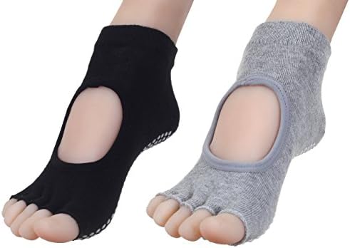 Comfortable Span Yoga Pilates Socks Toeless Grips Non Slip Skid Two Different Size Black and Grey For Women 4 Pairs (Black 2 Pairs, Grey 2 Pairs)