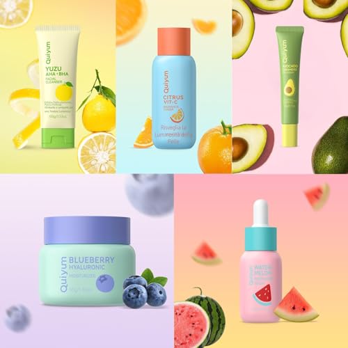 QUIYUM Fruit Skin Care Gift Set, 5 Piece Face Moisturizing Skincare Kit, Beauty Routine for Women and Teens, Intense Hydration, Natural Glow