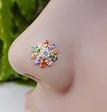 St Patrick Day Gift,Multi Stone Gold Nose Piercing,Gold Nose Stud,Flower Nose Stud,Thanksgiving Nose Stud,Indian Nose Stud,925 Sterling Silver Nose Stud,CZ Nose Bone,Crock Screw Nose Stud (TEJ085)