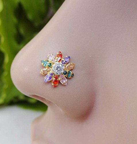 Multi Stone Gold Nose Piercing,Gold Nose Stud,Flower Nose Stud,CZ Simulated Diamond Nose Stud,Indian Nose Stud,925 Sterling Silver Nose Stud,CZ Nose Bone,Crock Screw Nose Stud ( TEJ085)
