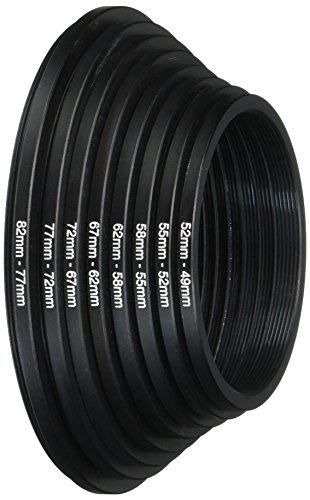 Fotasy Anodized Black Metal Step Down Ring Set, 82-77mm, 77-72mm, 72-67mm, 67-62mm, 62-58mm, 58-55mm, 55-52mm, 52-49mm Step Down Ring