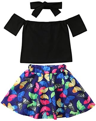 Baby Girls Fashion 3pcs Off Shoulder Tops T-Shirt Floral Skirt with Headband Summmer Outfit Set (4 Years)