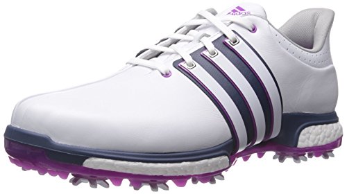 adidas Men's TOUR360 Boost Golf Shoe, Fatwa White/Flash Pink Mineral Blue S, 11 M US