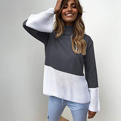 image for Franterd Women Color Block Patchwork Turtleneck Knitted Sweater Loose 