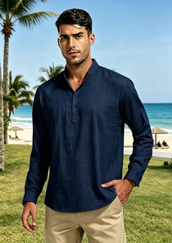 Cegerne Men's Linen Shirt Long Sleeve Shirt Summer Lightweight Breathable Henley Casual for Vacation Beach