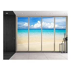 Wall26 - Clouds Over The Shore and Beach Viewed from Sliding Door - Creative Wall Mural, Peel and Stick Wallpaper, Home Decor - 66x96 inches