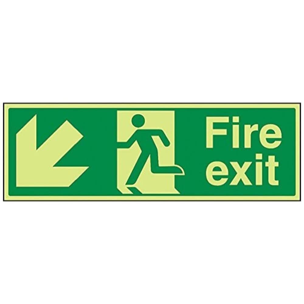 V Safety 14005BJ-G Glow In The Dark Fire Exit Arrow Down Left Sign - 450mm x 150mm - Rigid Plastic, Green — image 1
