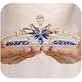 Wekicici Baroque Pearl Tiara Blue Crystal Crown Elegant Rhinestone Headband Bridal Headpiece Princesss Queen Crown for Women Wedding Birthday Party Prom Pageant Gift(Blue)