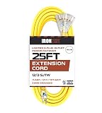 25 Foot Lighted Outdoor Extension Cord with 3 Electrical Power Outlets - 12/3 SJTW Heavy Duty Yellow Extension Cable with 3 Prong Grounded Plug for Safety